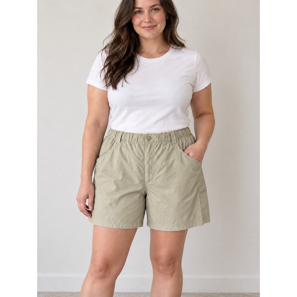 Columbia Womens XL Khaki Nylon Hiking Cargo Shorts Elastic Waist AL4488 Tan